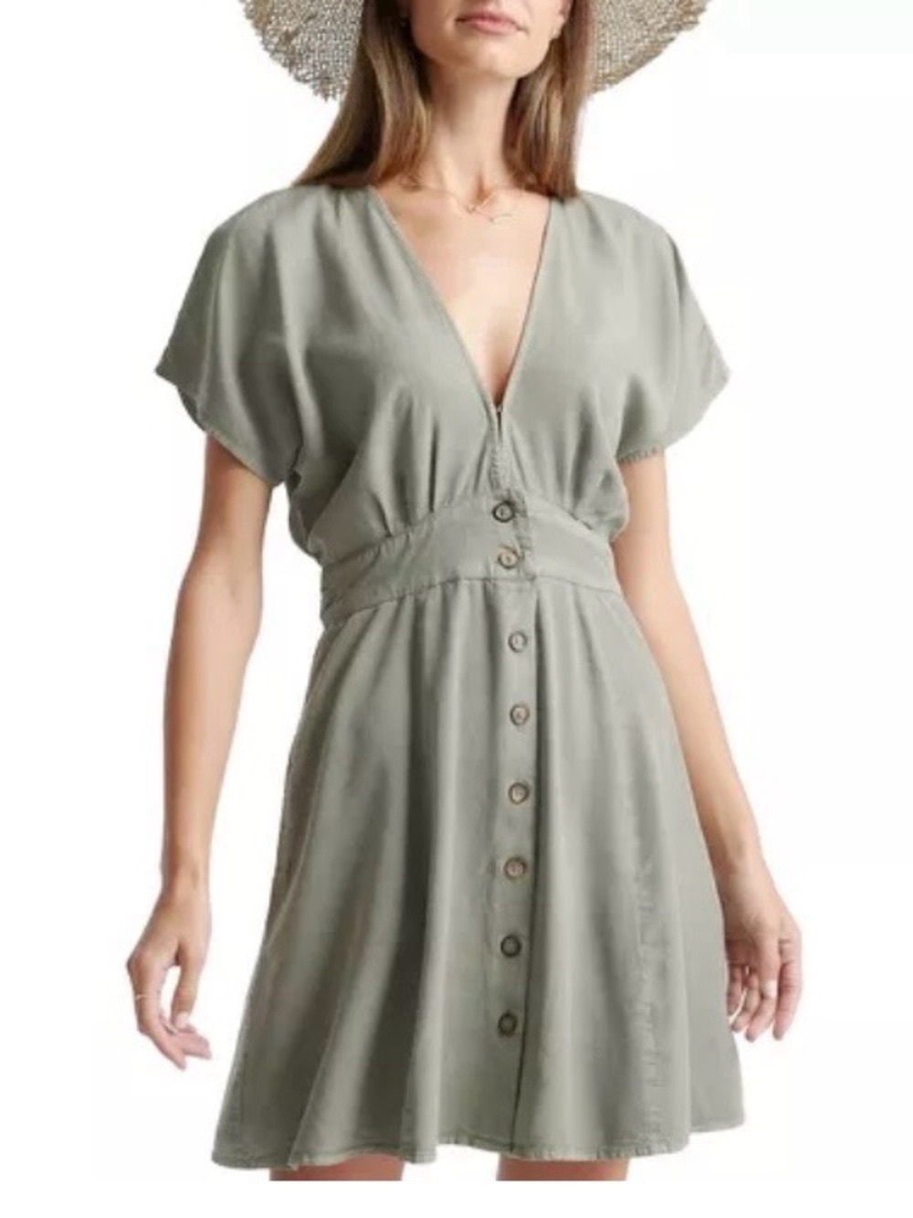 Quince Vintage Wash Tencel Button Front Dress Olive in XL